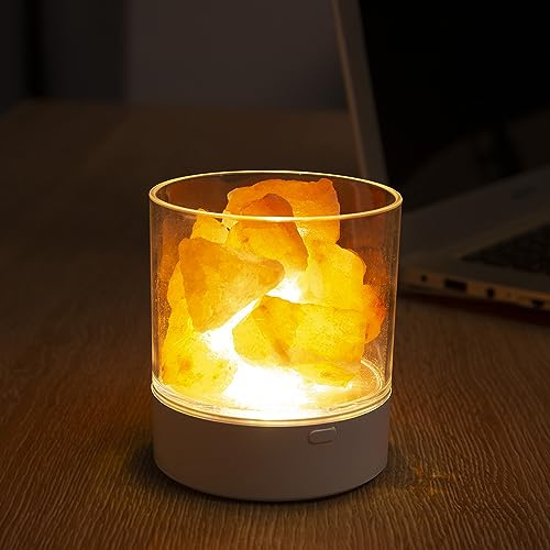 Ulalaza Lámpara de color cálido con fuego de sal del Himalaya natural global con trozos de sal áspera, incluye interruptor de atenuación, cable de bombilla, idea de regalo única