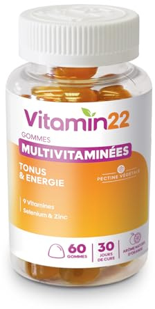 VITAMIN'22 Multivitaminées tonus & énergie contre la fatigue 60 gommes | Vitamines B & zinc, focus, favorise les fonctions cognitives, goût orange, cure de 30j