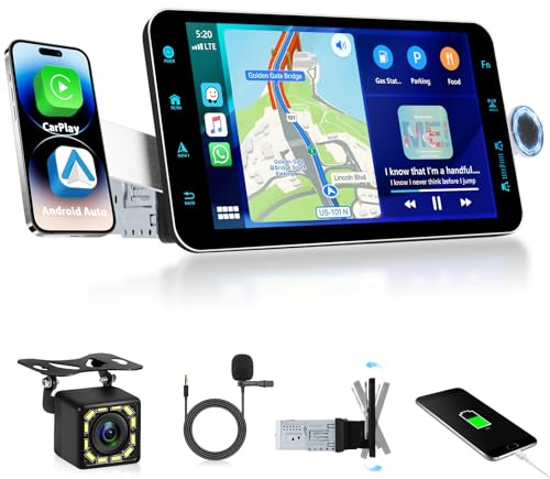 Podofo 1 DIN 9 tum HD-bilradio med A-pple CarPlay/Android bil trådlös, Bluetooth 5.0 vridbar pekskärm med mobiltelefonhållare/spegel länk/GPS/SWC/EQ/FM/RDS/TF/USB/telefonhållare mikrofon bakkamera
