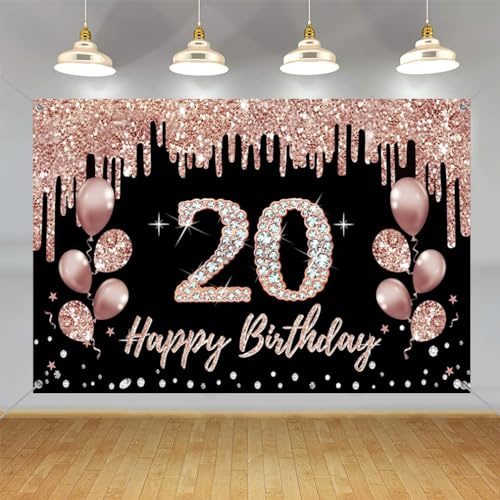 20 Geburtstag Dekorationen für Mädchen/Frauen, Happy 20 Years Old Hintergrund Banner Rosegold Stoff Schild Poster, 20 Geburtstag Party Supplies Fotohintergrund Willkommensschild, 150 cm x 90 cm