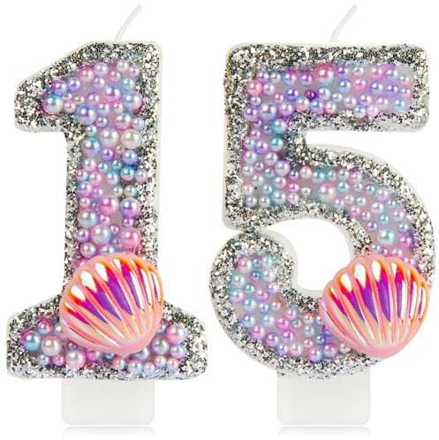 Candelas con forma de cola de sirena para el 15º cumpleaños, con purpurina en forma de sirena, número 15 con lentejuelas rosas, perlas rosas lilas, velas para pasteles para niñas, decoraciones