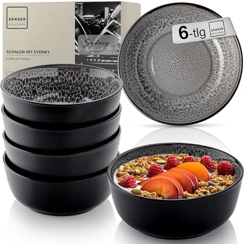 Sänger Sydney | Steingut Müslischalen Bowl Schüssel 6 teilig, Schüssel Set 6 Personen, Schale spülmaschinen- mikrowellen- kratzfest, Dessertschalen, Schüsseln dunkel grau 550 ml | VALUE COLLECTION