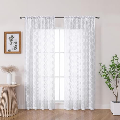 OWENIE Weiße durchsichtige Vorhänge, 183 cm lang, 2 Paneele, leicht, solider Clip, Jacquard, geometrischer Türvorhang, halbtransparent, Doppelstangentaschen, Vorhänge für Schlafzimmer, Wohnzimmer, 106