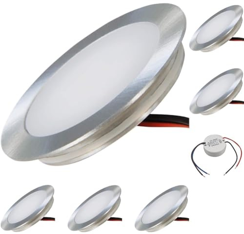 6er Set Superflache LED Boden Einbauspots Tom - 12V, Rund, Warmweiss, IP67, Trittfest & Begehbar, Lochausschnitt 46mm, inkl. LED Trafo - Kompakte Einbaustrahler für jeden Einsatzort geeignet.