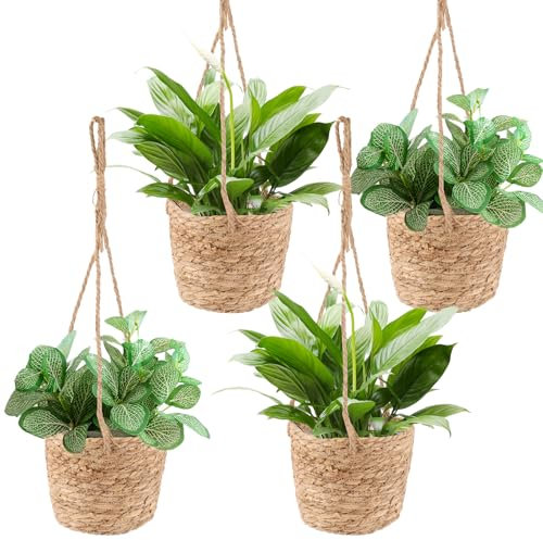 APACALI 4 Stück Blumentöpfe Hängende, Seegras Pflanzentopf, Hängender Pflanzerkorb, Handgewebt Blumenampel mit Hängendem Seil für Sukkulenten, Kakteen, Kräuter im Innen und Außenbereich