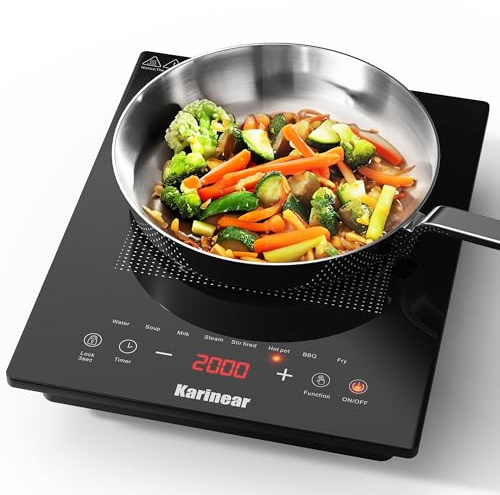 Karinear Portable Single Induction Hob | Upgrade with Safe Lock, 4H Timer, 8 functions, 9 power level, 2000W