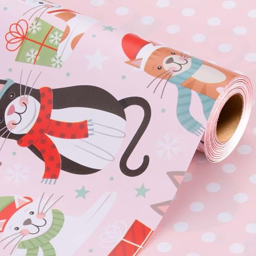 Wikadlik Rosa Weihnachts-Geschenkpapier Rolle, 43cm x 10m Niedliches Katzen-Punkte-Design Geschenkpapier für Party-Dusche Dekoration