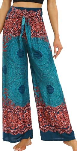 AIEOE Pantaloni da Donna Bohemien Leggeri Morbidi ad Asciugatura Rapida Sottili Hippie Estate Pantaloni Palazzo Casual Slip-On Rosso + Verde
