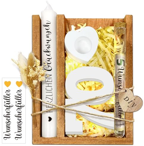 70 Geburtstag Geschenk Frauen & Männer, 70 Holz Schild Gästebuch mit Kerzen & LED Lichterkette Ständer Geldgeschenke, Originelle Personalisiertes Hochzeit Geschenke Deko 70 Jahre Tischdeko