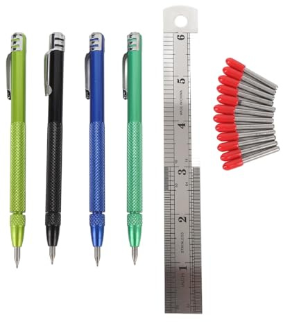Segrehy Tungsten Carbide Scriber Pen Set Magnetic Marking Tools with Ruler for Metal Glass Ceramic Wood Marble 4PCS Aluminum Scribing Pens 12 Replacement Tips
