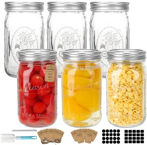 HYCKee 1000ml 6 Pack Mason Glass Jars with Black Lids, Clear Regular Mouth Canning Jars for Jelly, Jam, Honey, Wedding Favors, Spices and Herbs