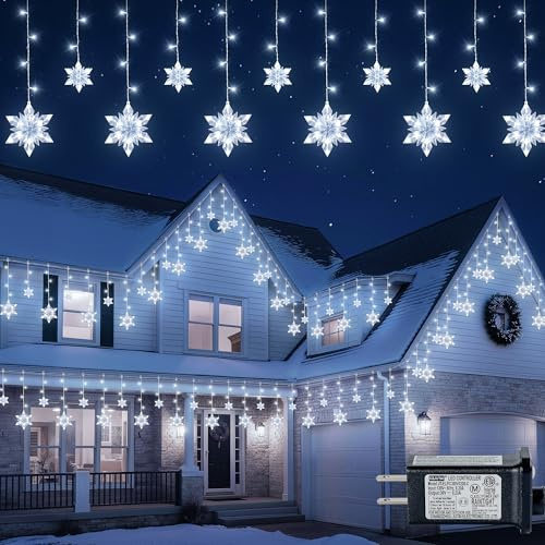 BEEWIN Christmas Snowflake Icicle Lights,8.2 FT 144 LED Snowflake Lights Outdoor with Timer,8 Modes Waterproof Connectable Christmas Light Plug in for Curtain Eave Window Indoor Outdoor Decor(White)