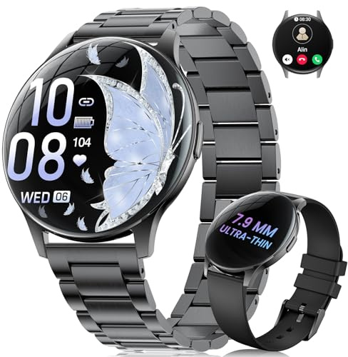 LIGE Smartwatch Damen Rund, 1.43 AMOLED Ultradünn Smart Watch mit Telefonfunktion, 100+ Sportmodi/Menstruationszyklus/Schlaf/IP68 Wasserdicht Fitness Tracker für iOS Android, Schwarz