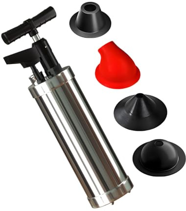 Qcesorib Desatascador de Tuberías con Aire Comprimido, Desatascador de Inodoro con Barómetro, Desatascador a Presion con 4 Cabezas de Pistón, para Inodoro, Lavabo, Bañera, Rojo