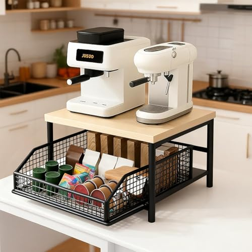 GREENSAPPIRE 2-Tier Premium Kitchen Organizer with Drawer & Metal Baskets | Space-Saving Wooden-Metal Storage for Utensils, Spices, Coffee, and Condiments, for Kitchen