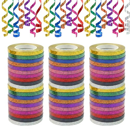 RoyalChic 10 colores brillantes serpentinas, 48 rollos, 480 metros de largo, serpentinas coloridas de satén con purpurina para cumpleaños, bodas, carnaval, decoración de fiestas