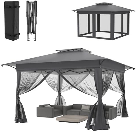 ACXIN Cenador plegable de 4 x 4 m, color antracita, altura ajustable, con función antimosquitos, pabellón portátil para exteriores, para balcón, terraza, fiesta, camping y picnic
