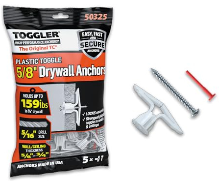 TOGGLER Toggle TC Commercial Drywall Anchor with Screws, Polypropylene, Made in US, 5/8 to 3/4 Grip Range, for #6 to #14 Fastener Sizes (5)