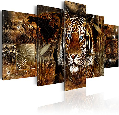 B&D XXL - Leinwandbild Tiere Tiger Weltkarte, 100x50 cm, 5-teilig, modern | Hochwertige Leinwand, sofort aufhängbar, ideal fürs Wohn- oder Schlafzimmer, wasserfest und lichtecht, langlebig, stilvoll