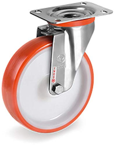 Roulette INOX pivotante diamètre 125 mm roue polyuréthane rouge - 220 Kg