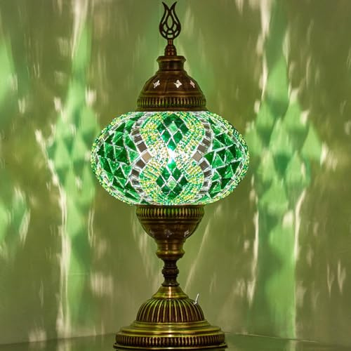 DEMMEX Battery-Operated Turkish Moroccan Mosaic Table Lamp, Portable Stained Glass Lamp for Indoor & Outdoor Use, Cordless Handmade Decorative Light for Balcony, Patio & Camping – 30 cm H (Green)