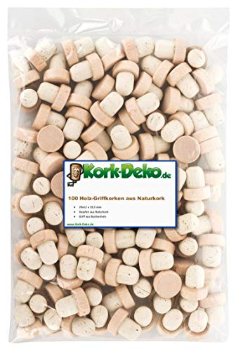Griffkorken mit Holzgriff 19,5 mm – Naturkork Flaschenverschluss für Gin, Spirituosen, Wein, Öl und Saft – Kork aus Portugal – Buchenholzgriff 29 x 12 mm – 100er Pack