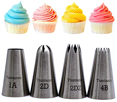 Tumtanm 4 Stück Edelstahl nahtlos Spritztüllen-Set, Kuchen dekorieren Tipps, Professionelle große Spritztüllen, für Cupcakes und Backen