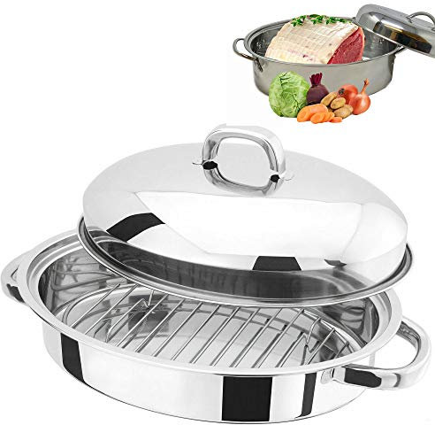 New 32cm Stainless Steel Roasting Tray Pan Set Lid Oval Kitchen Cooking Baking