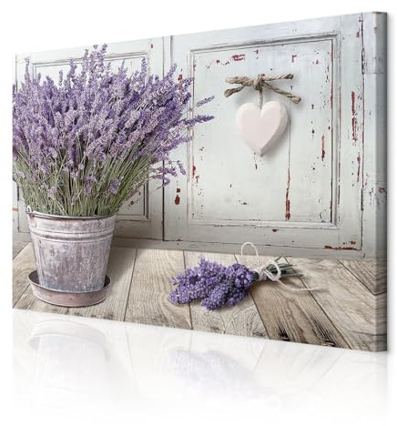 decomonkey - Impression sur Toile Intissé Fleurs Nature 120x80 1 Pièce - Tableau Décoration Appartement Cadre en Bois Photo Déco Salon Peinture sur Toile Maison Bouquet bois lavande fleurs ancien
