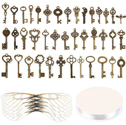 SANNIX 40 Stück Vintage Skelett Schlüssel Fliegende Schlüssel Charms, 40 Libellenflügeln, 30m Elastische Kristallschnur, für DIY Hochzeitsparty-Dekorationen | Elastische Kristallschnur für Bastelarbeiten, Hochzeits-Party-Dekorationen, Weihnachtsbaumschmuck