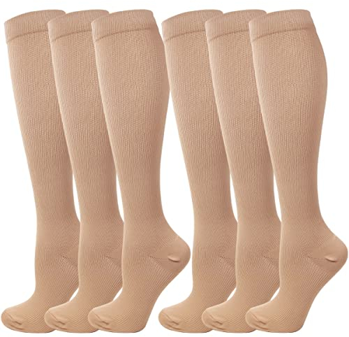 6 Paar Kompressionsstrümpfe Kniestrümpfe Stützstrümpfe Laufsocken für Damen & Herren, Sport, Laufen, Flug, Reisen, Schwangerschaft, Medizinische Kompressionssocken (M, Braun)
