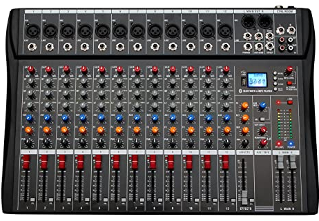 Depusheng DX12 Interface contrôleur de son DJ avec lecteur USB pour enregistrement sur ordinateur Mélangeur audio studio 12 canaux - Prise microphone XLR, alimentation 48 V, entrée/sortie RCA