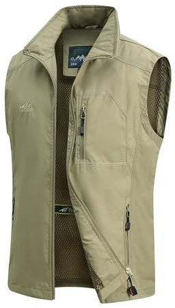 MeiLayM Herr utomhus fiskeväst flera fickor snabbtorkande väst lätt ärmlös jacka andningsbar fotografi väst camping jakt topp verktyg, Khaki, 4XL