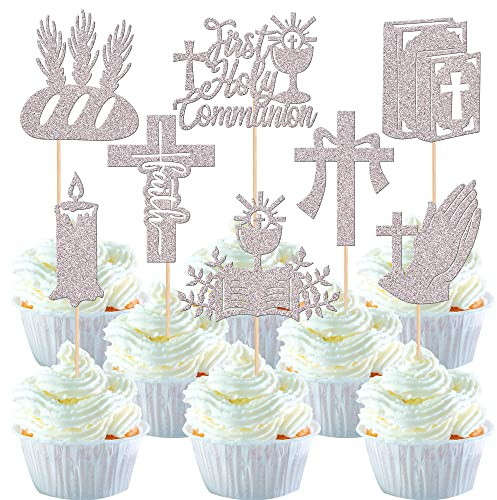 24 Stück Erste Heilige Kommunion Tortendeko Religion Thema Cupcake Toppers Glitter Kreuz Bibel Engel Gott segnen Kuchen Deko für Erste Kommunion Taufe Geburtstag Party Cupcake Picks Supplies Silber