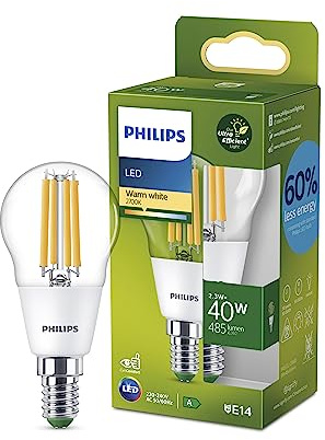 PHILIPS Ultra Efficient - Ultra Energy Saving Lights, LED Light Source, 40W, P45, E14 Candle Warm White 2700 Kelvin, Clear