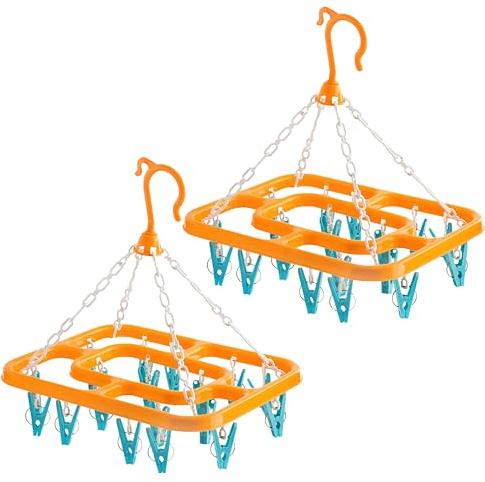 HOMESHOPA Socks Drying Rack Plastic, 2 Pack Orange 18 Peg Laundry Drying Hanger Washing Line, Windproof Clip Drip Hanger for Underwear Baby Clothes Gloves Hats, Portable Indoor Outdoor Hanging Dryer