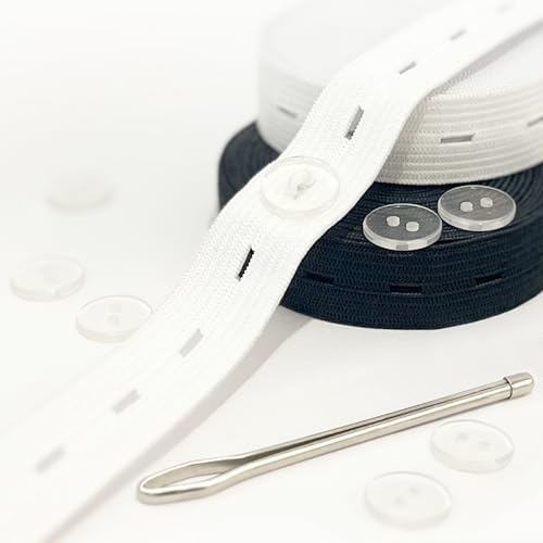 Elástico costura plana, accesorio para el metro. Banda/cordón elástico ancho ajustable con ojal, 1 m en blanco, 1 m en negro, 15 mm de ancho. Con 4 botones transparentes resistentes, 1 aguja para