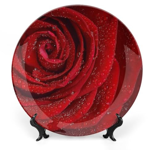 Rose Flower Decorative Plate for Wall Ceramic Home Wobble-Plate with Display Stand Table Decor Ornament Thanksgiving Christmas Decoration Porcelain Dinner Plate Dessert Dish 6