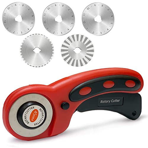 Cutter Rotanti per Tessuti Taglierina Rotante Rotary Cutter con 5 Lame Sostituibili Taglierina a Rullo in Tessuto per Quilting Cucire Cucire, Taglio Tessuto, Taglio Carta, Taglio Pelle 45mm Lame