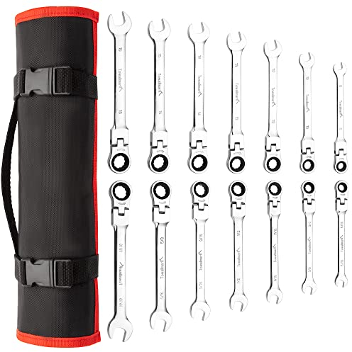 Towallmark Ratschen-Ringmaulschlüssel, SAE/metrisch, Flexkopfschlüssel, SAE 5/16-Zoll-11/16 Zoll, metrisch 8–16 mm, 72 Zähne, Cr-V-Stahl, Ratschenschlüssel-Set mit Rolltasche, 14 Stück