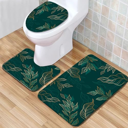 Badezimmerteppich Set 3 Teilig mit Toilettensitzbezug Mat U-Förmige Matte PflanzenbläTter Und GrüNes Muster Badematten Saugfähige Mikrofaser Flauschige Badteppiche, WC Vorleger Waschbar Teppich