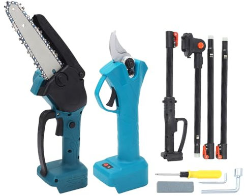 Kit Forbici Elettriche 2 in 1 per Potatura, Mini Motosega a Batteria con Lame in Acciaio al Carbonio SK5, Cesoie Elettriche da Giardino con Asta, Utensile da Taglio Senza Fili