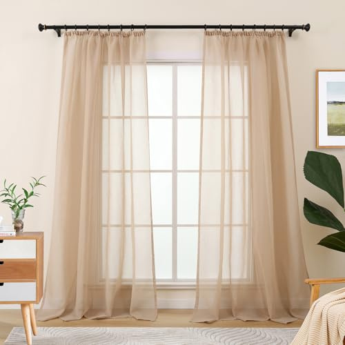 L.Z.E Vorhänge Beige für Wohnzimmer, Transparente Gardinen mit Kräuselband für Schienensystem, Sand Schiene Vorhang Gardine für Schlafzimmer, 2er Set Gardinenschals Modern 245 cm Lang