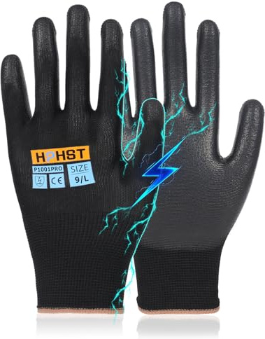 HPHST P1001 ESD-PU Handschuhe - antistatisch und Touchscreen-fähig, Handschuhe für Reinigung und Reparatur (Schwarz (12 Paar), XL)