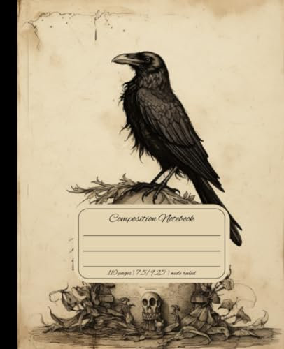 Composition Notebook College Ruled with Sketched Raven Illustration #2 for School, Work 110 pages 7.5x9.25