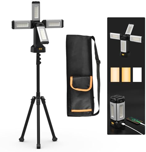 Lampe de Travail Rechargeable en Aluminium 13200 mAh Avec Trépied Pliable et Sac de Transport, 8000 Lumens à Intensité Variable Projecteur de Chantier