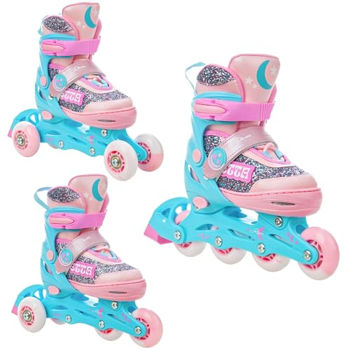RAVEN - Inline skridskor för barn och vuxna - Triskates, Justerbara rullskridskor 3-i-1 för barn och vuxna - Etta Blue/Pink, 27-30 (16,5-18,5 cm)