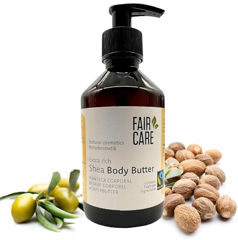 FAIR CARE Burro per il corpo con burro di karitè 240 ml con dispenser di pompaggio – Idratante – Air Trade burro per la pelle secca – Ingredienti naturali