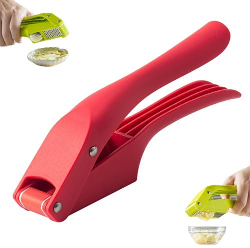 Garlic Press Crusher 2-in-1 Ginger Crusher & Cutter for Kitchen, Easy Squeeze and Clean (Red)