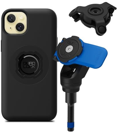 Quad Lock Motorcycle Handlebar Clamp Bolt Phone Mount Kit with Vibration Dampener and iPhone 15 Plus MAG Case
